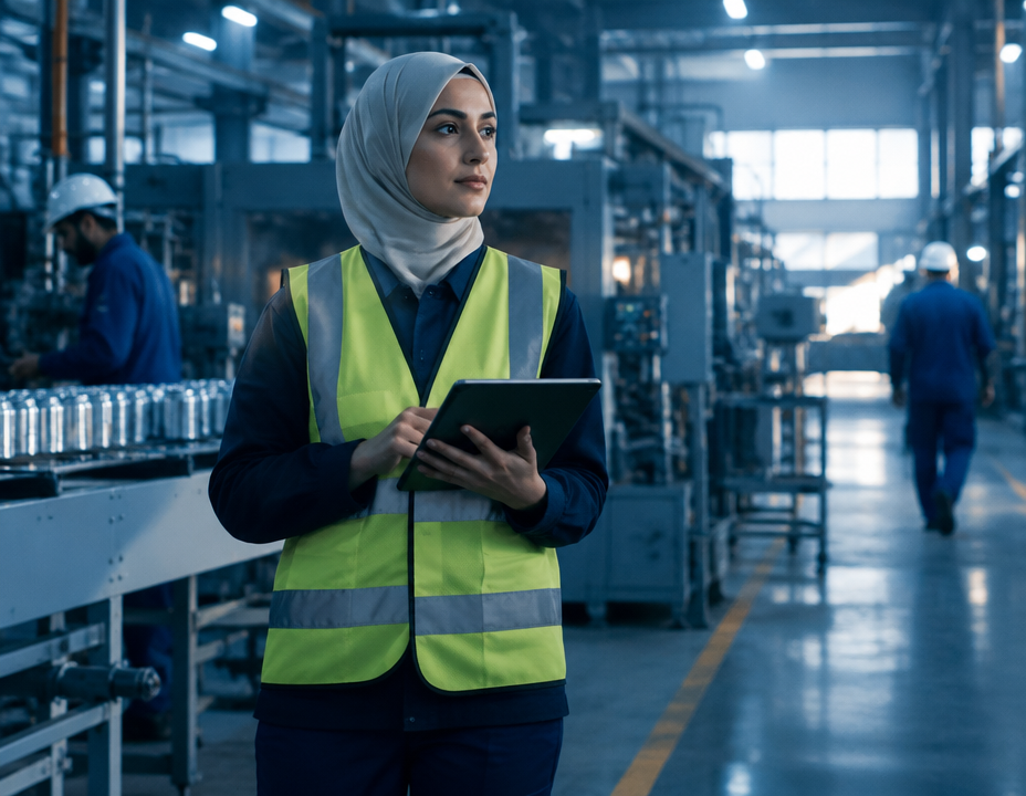 Quality inspector using a tablet inside an Egyptian factory