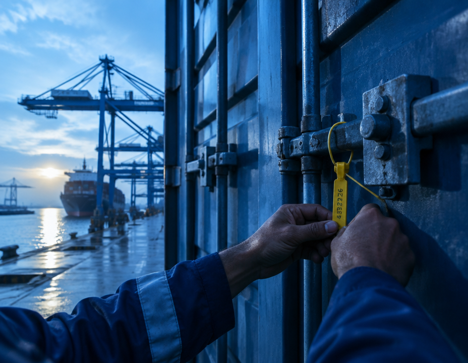 Shipping container being sealed at Alexandria port
