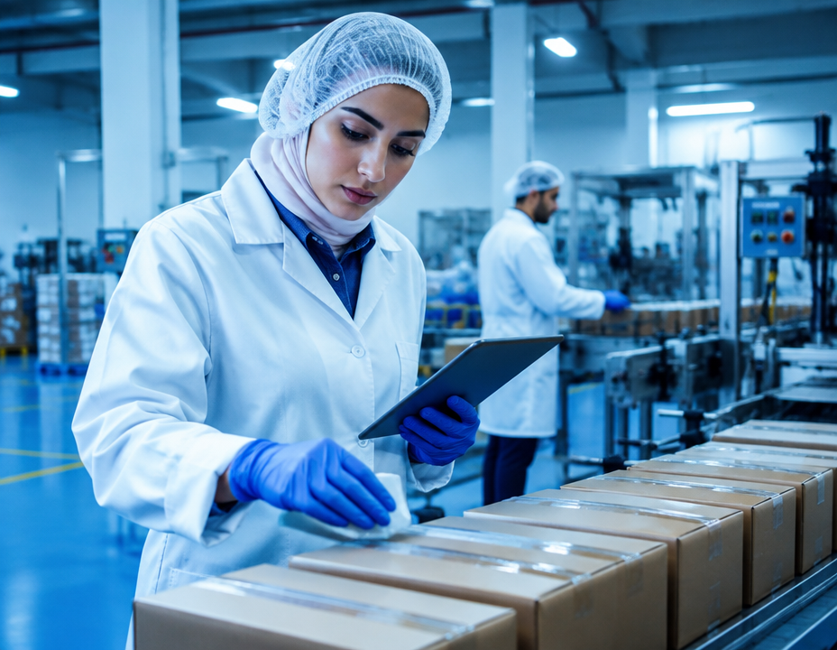 Inspector sampling cartons on an Egyptian production floor