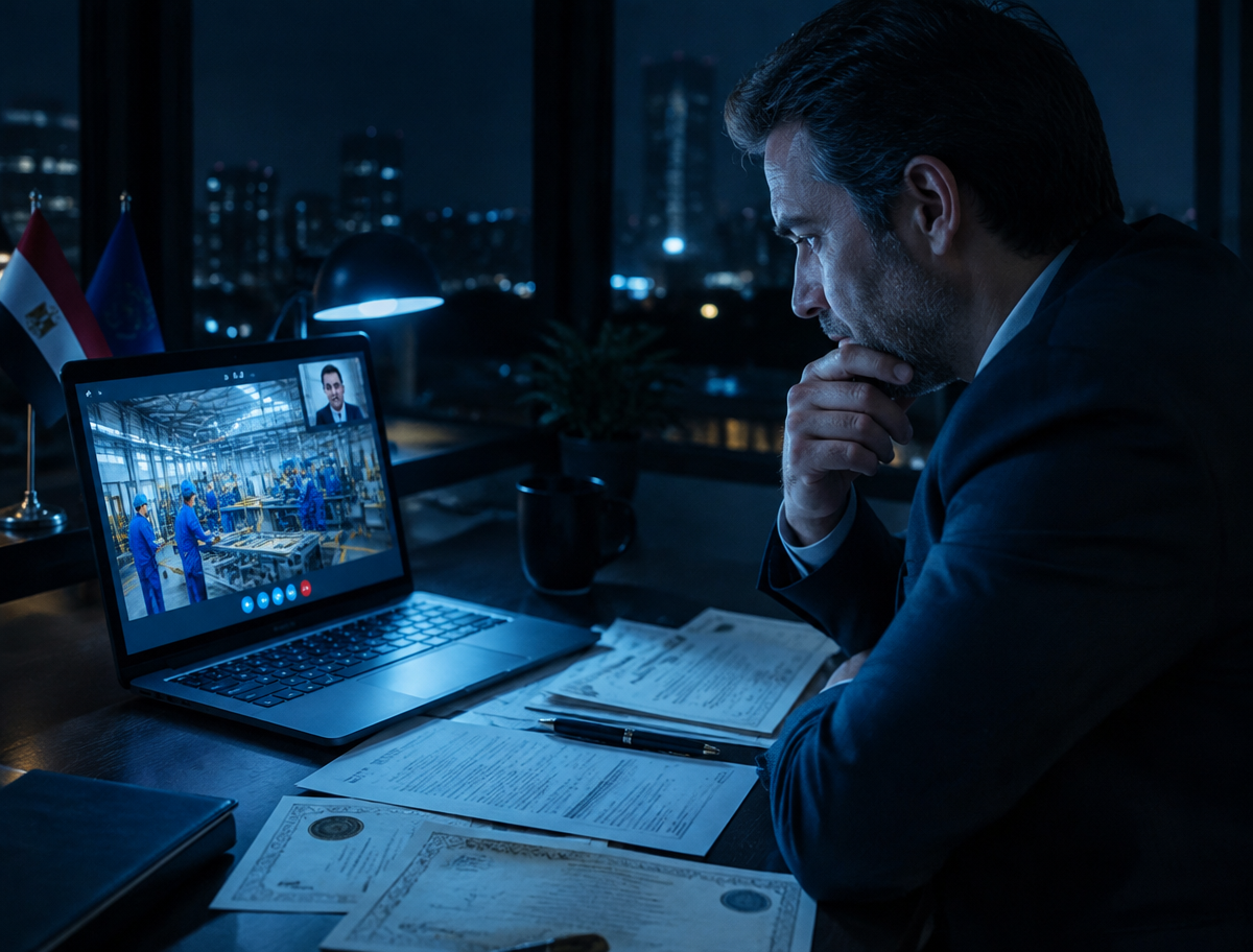 Foreign buyer reviewing factory documents during a late-night video call