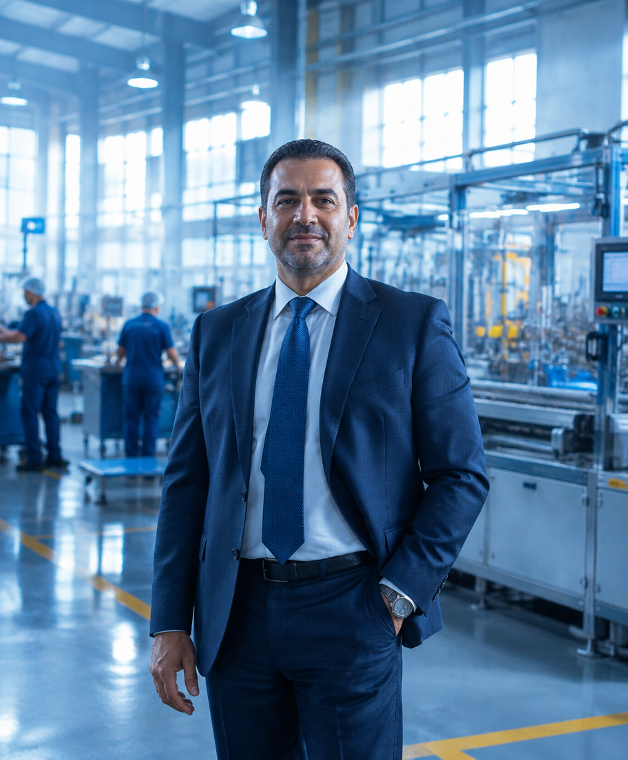 Egyptian factory owner on a modern production floor